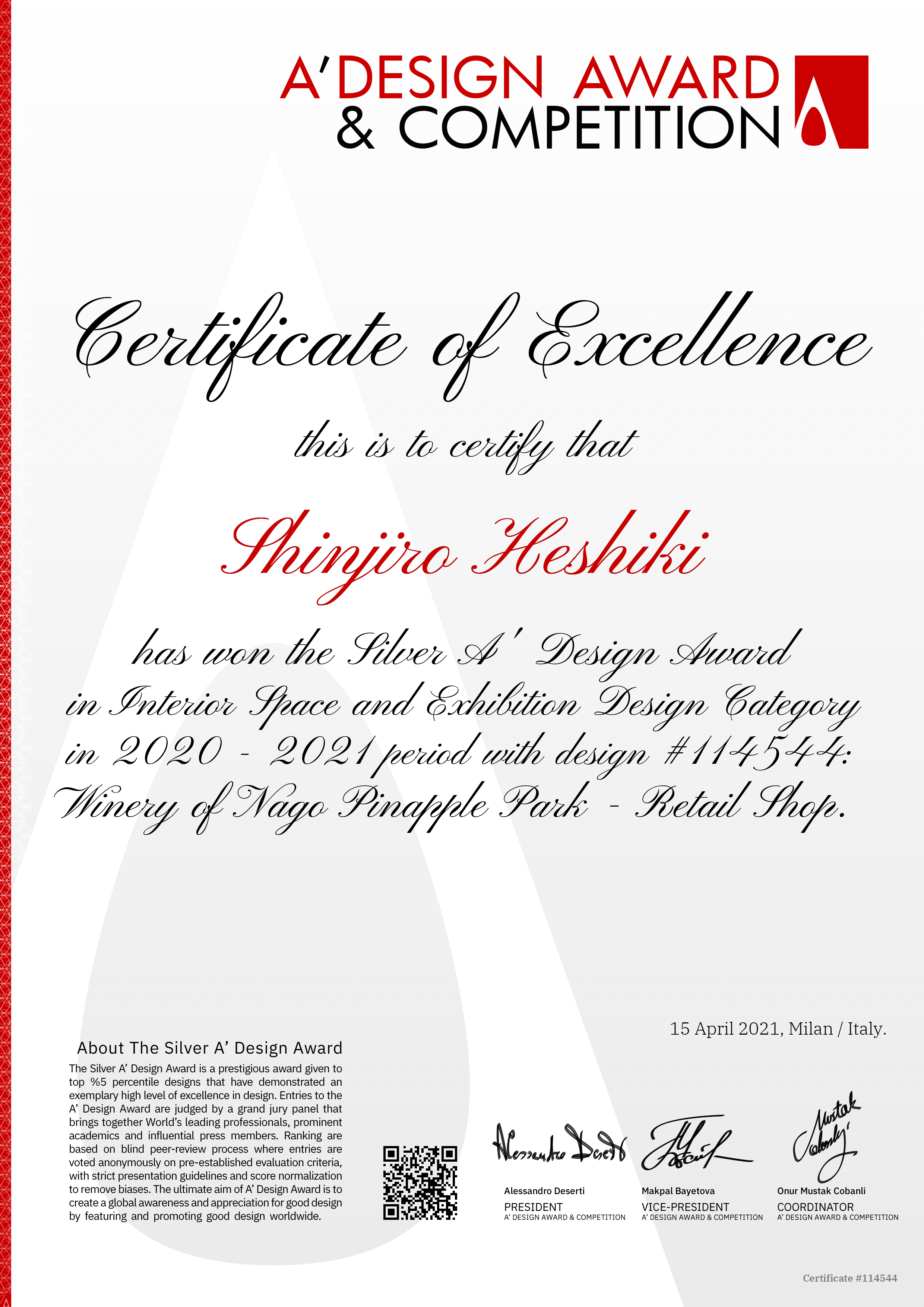 沖縄,の店舗デザイン,設計会社コンセプションの平識伸二郎 イタリアのA’Design Award